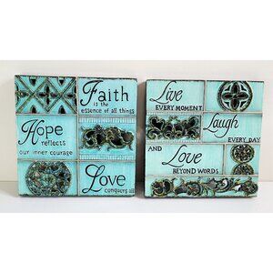 Live Love Love Home Decor Enamel Finish Wall Art Set Teal Brown 9.5"x9.5"